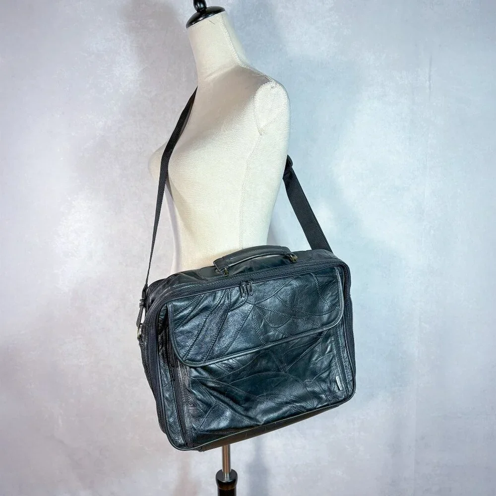 Genuine Leather Patchwork Laptop Bag Travel Office Briefcase Black